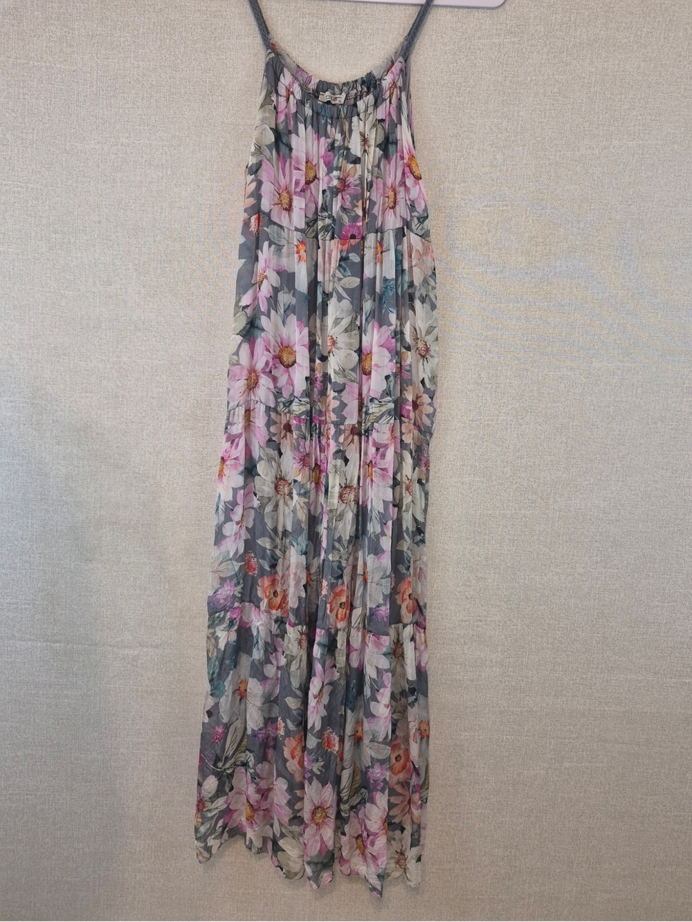 Elena Baldi Gray Maxi Dress with Pink & White Flowers - Sleeveless Long Dress